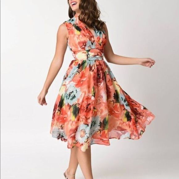 Unique Vintage De Carlo Floral Fit Flare Dress Retro Pinup Inspired Womens XS - Picture 1 of 11